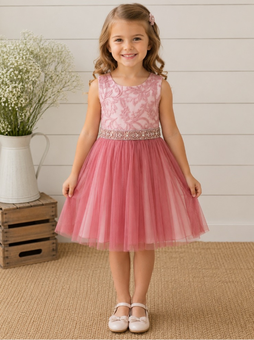 Rare Editions Pink Embroidered Tulle Dress with Jeweled Waist